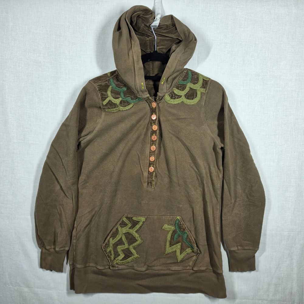 Vintage Free People Hoodie Womens L Boho Henley Floral Embroidered Velvet Trim